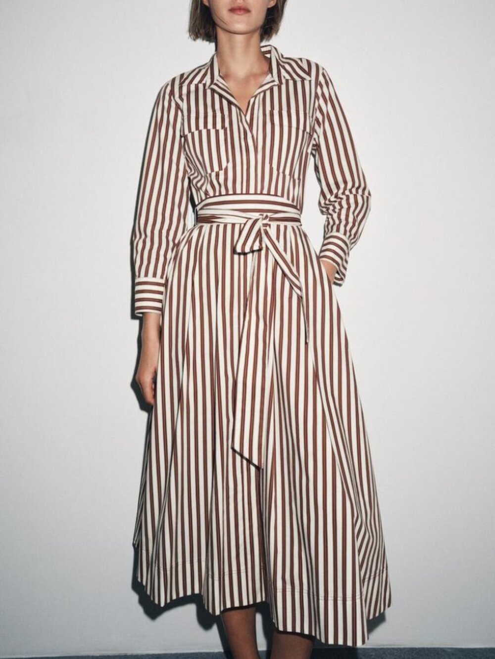 Zara ZW Collection Striped Shirt Dress Belted Midi Cotton Brown White Large NWT